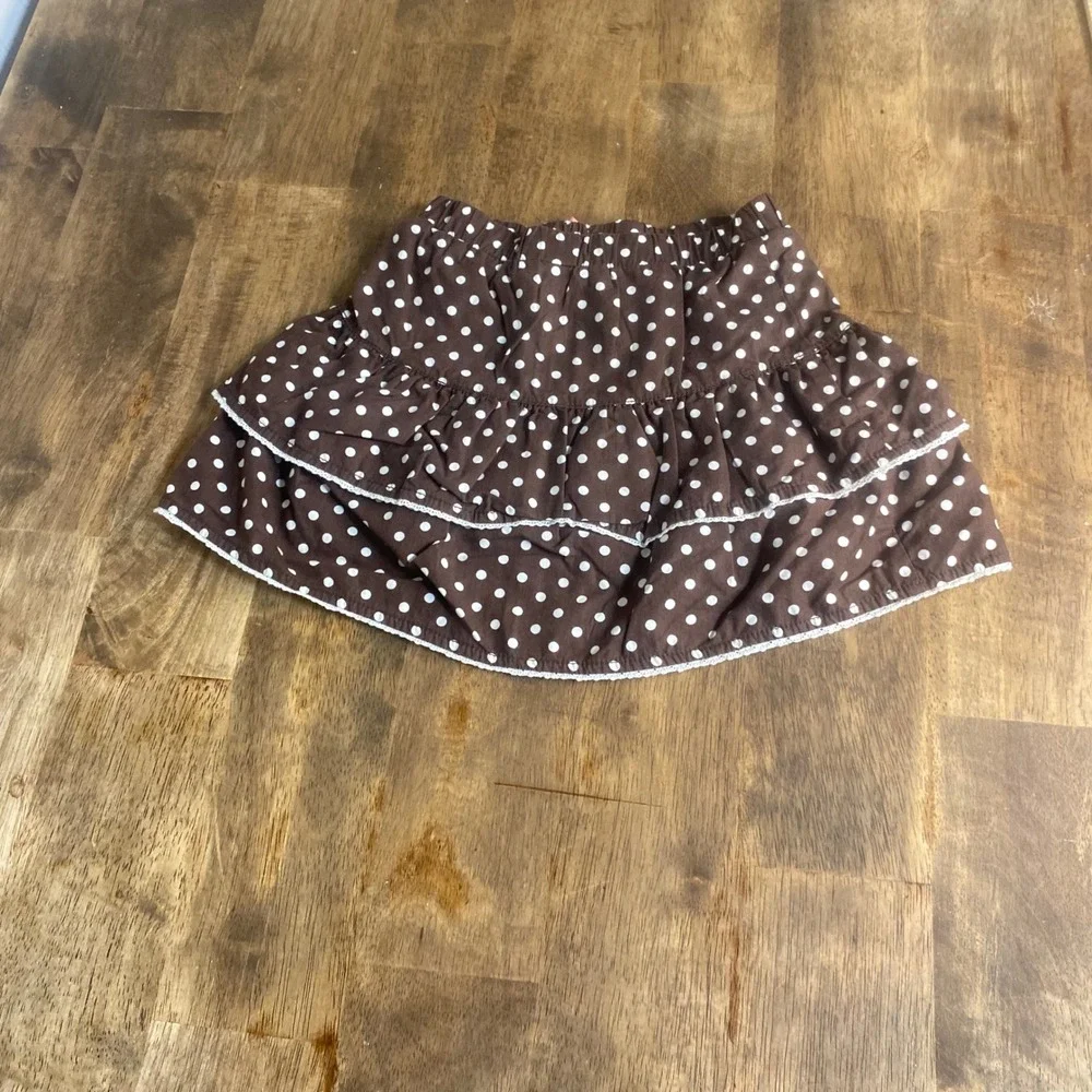 OshKosh B'gosh Skort Girls Brown Polka Dot Tiered Ruffle Lace‎ Trim SIZE 6